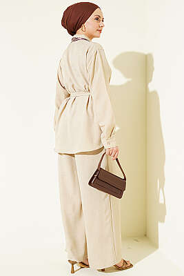 Yaka Fularlı Kuşaklı Salaş İkili Takım Bej - İkili Takım