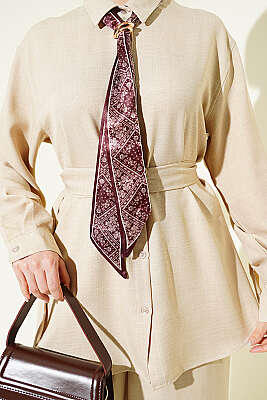 Yaka Fularlı Kuşaklı Salaş İkili Takım Bej - İkili Takım