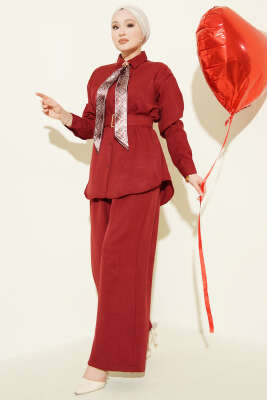 Yaka Fularlı Kuşaklı Salaş İkili Takım Bordo - HATUN