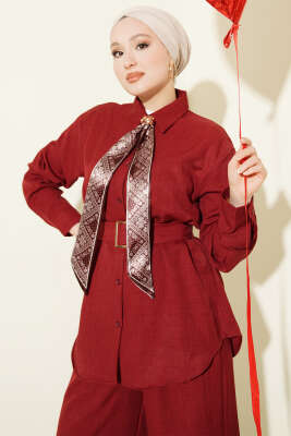 Yaka Fularlı Kuşaklı Salaş İkili Takım Bordo - İkili Takım