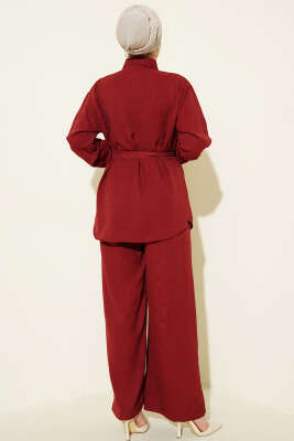 Yaka Fularlı Kuşaklı Salaş İkili Takım Bordo - İkili Takım