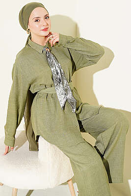 Yaka Fularlı Kuşaklı Salaş İkili Takım Çağla Yeşili - İkili Takım