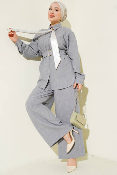 Yaka Fularlı Kuşaklı Salaş İkili Takım Gri - İkili Takım