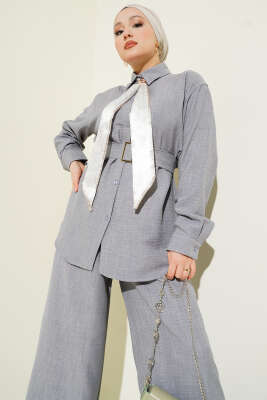Yaka Fularlı Kuşaklı Salaş İkili Takım Gri - İkili Takım