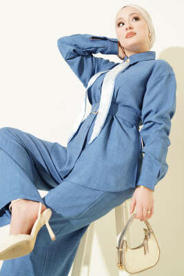 Yaka Fularlı Kuşaklı Salaş İkili Takım Mavi - İkili Takım