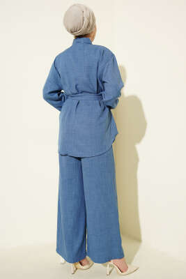 Yaka Fularlı Kuşaklı Salaş İkili Takım Mavi - İkili Takım