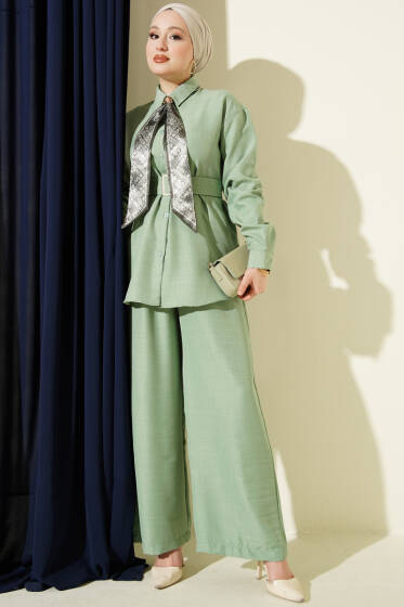 Yaka Fularlı Kuşaklı Salaş İkili Takım Mint - İkili Takım