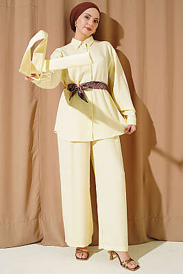 Yaka Fularlı Kuşaklı Salaş İkili Takım Sarı - HATUN