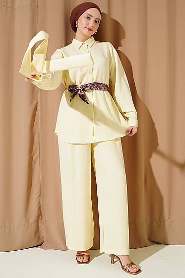 Yaka Fularlı Kuşaklı Salaş İkili Takım Sarı - İkili Takım