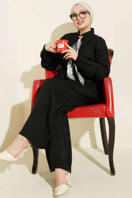 Yaka Fularlı Kuşaklı Salaş İkili Takım Siyah - HATUN