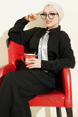 Yaka Fularlı Kuşaklı Salaş İkili Takım Siyah - İkili Takım