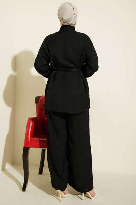 Yaka Fularlı Kuşaklı Salaş İkili Takım Siyah - İkili Takım