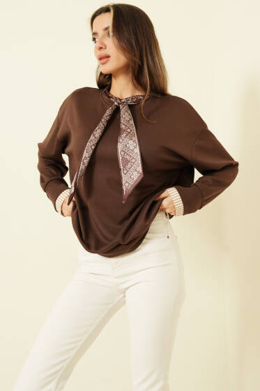 Yaka Fularlı Loyşa Sweatshirt Kahve - Bluz