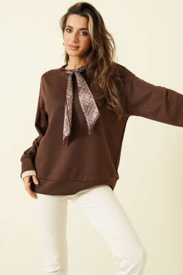 Yaka Fularlı Loyşa Sweatshirt Kahve - Bluz