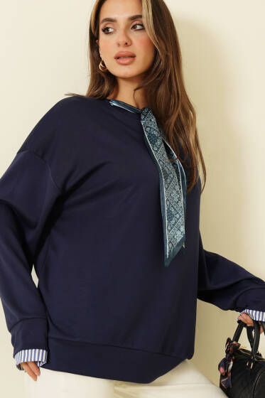 Yaka Fularlı Loyşa Sweatshirt Lacivert - Bluz