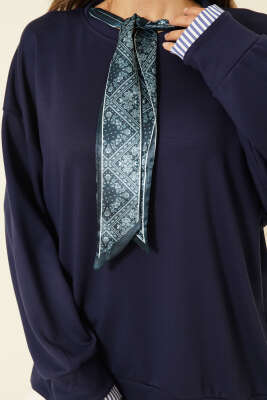 Yaka Fularlı Loyşa Sweatshirt Lacivert - Bluz