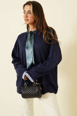 Yaka Fularlı Loyşa Sweatshirt Lacivert - Kadın Giyim Modelleri