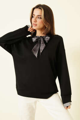 Yaka Fularlı Loyşa Sweatshirt Siyah - DİVON