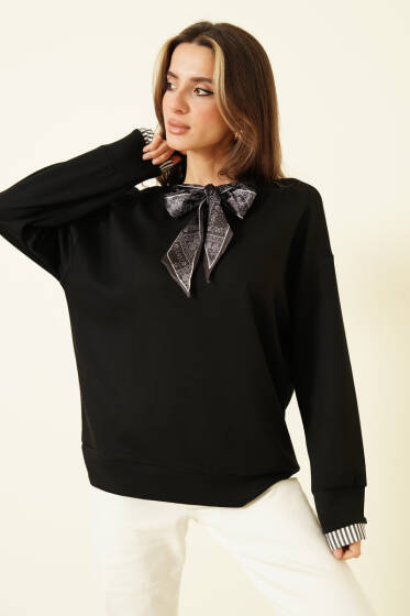 Yaka Fularlı Loyşa Sweatshirt Siyah - Kadın Giyim Modelleri
