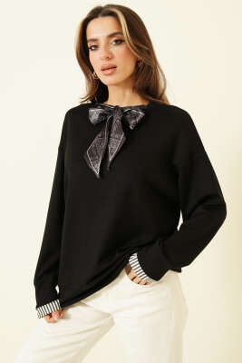 Yaka Fularlı Loyşa Sweatshirt Siyah - Kadın Giyim Modelleri