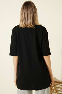 Yaka Fularlı Nakışlı T-shirt Siyah - Kadın Giyim Modelleri