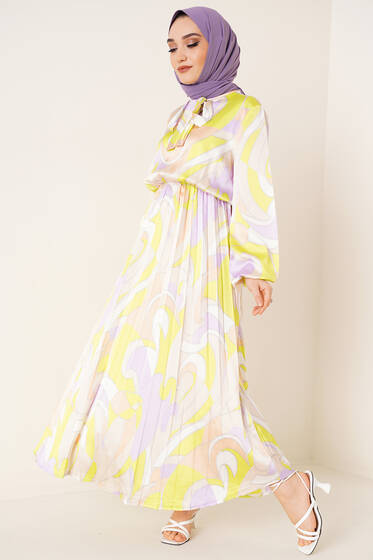 Yaka Fularlı Piliseli Saten Elbise Lila - Tesettür Elbise