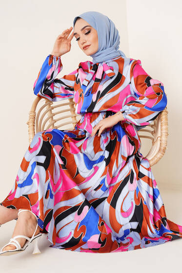 Yaka Fularlı Piliseli Saten Elbise Saks - Tesettür Elbise