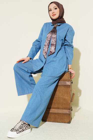 Yaka Fularlı Taş Düğmeli Kot İkili Takım Açık Mavi - İkili Takım