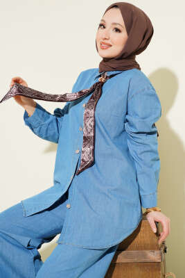 Yaka Fularlı Taş Düğmeli Kot İkili Takım Açık Mavi - İkili Takım