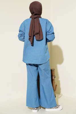 Yaka Fularlı Taş Düğmeli Kot İkili Takım Açık Mavi - İkili Takım