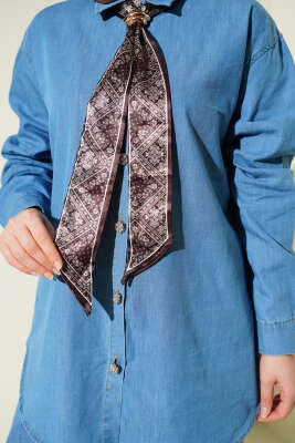 Yaka Fularlı Taş Düğmeli Kot İkili Takım Açık Mavi - İkili Takım