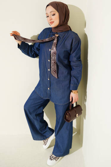 Yaka Fularlı Taş Düğmeli Kot İkili Takım Lacivert - İkili Takım