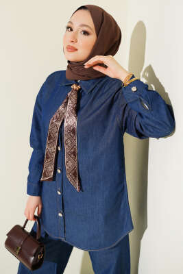 Yaka Fularlı Taş Düğmeli Kot İkili Takım Lacivert - İkili Takım