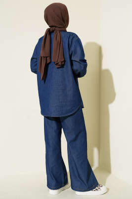 Yaka Fularlı Taş Düğmeli Kot İkili Takım Lacivert - İkili Takım