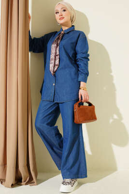 Yaka Fularlı Taş Düğmeli Kot İkili Takım Mavi - HATUN