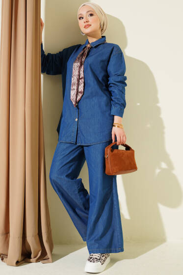 Yaka Fularlı Taş Düğmeli Kot İkili Takım Mavi - İkili Takım