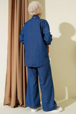 Yaka Fularlı Taş Düğmeli Kot İkili Takım Mavi - İkili Takım