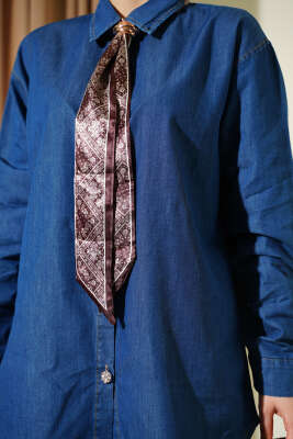 Yaka Fularlı Taş Düğmeli Kot İkili Takım Mavi - İkili Takım