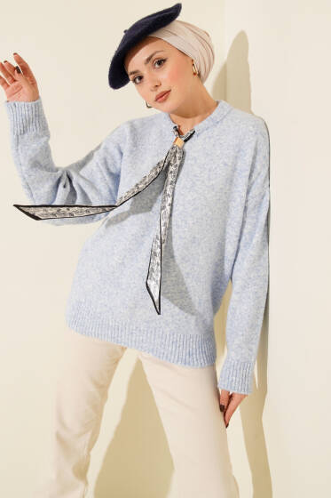 Yaka Fularlı Triko Kazak Bebe Mavi - Triko Kazak