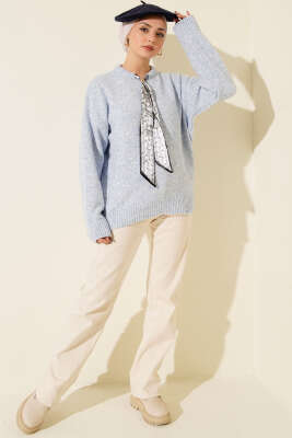 Yaka Fularlı Triko Kazak Bebe Mavi - Triko Kazak