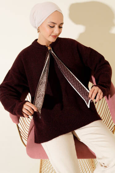 Yaka Fularlı Triko Kazak Bordo - Triko Kazak