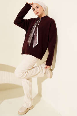 Yaka Fularlı Triko Kazak Bordo - Triko Kazak