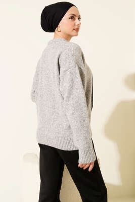 Yaka Fularlı Triko Kazak Gri - Triko Kazak