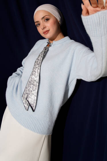 Yaka Fularlı Triko Kazak Mavi - Triko Kazak