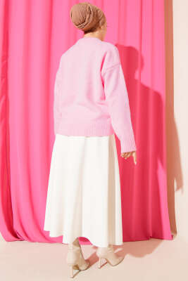 Yaka Fularlı Triko Kazak Pembe - Triko Kazak