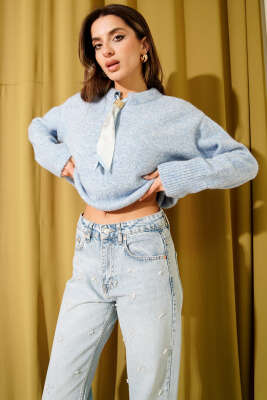 Yaka Fularlı Yumoş Triko Kazak Mavi 