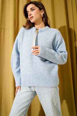 Yaka Fularlı Yumoş Triko Kazak Mavi - Kadın Giyim Modelleri