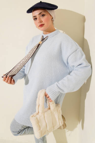 Yaka Fularlı Yumoş Triko Tunik Bebe Mavi - Tunik