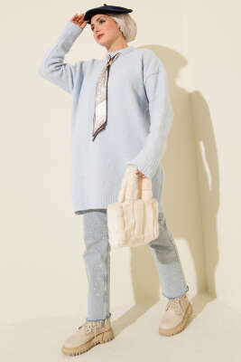 Yaka Fularlı Yumoş Triko Tunik Bebe Mavi - Tunik