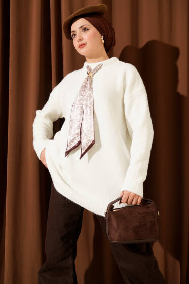 Yaka Fularlı Yumoş Triko Tunik Ekru - Tunik